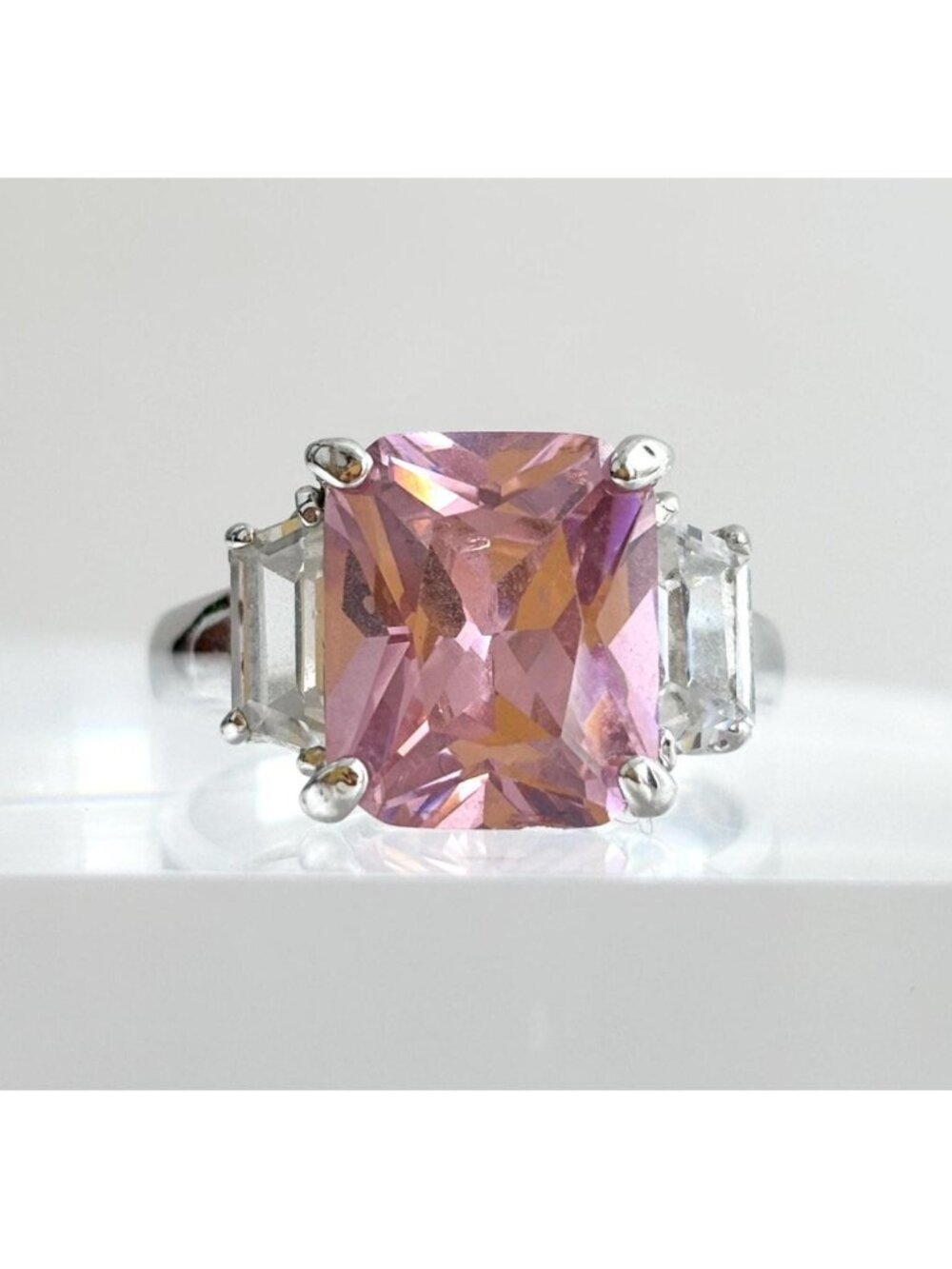 Pink Topaz & CZ Accented Gemstone Sterling Silver 925 Vintage Ring - sz 8.5